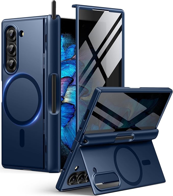 BERFY for Z Fold 6 Case with Privacy Screen Protector, [Compatible with MagSafe] Built-in Kickstand & S Pen Slot & Hinge Protection, Full Body Shockproof Phone Case for Samsung Galaxy Z Fold 6, Blue