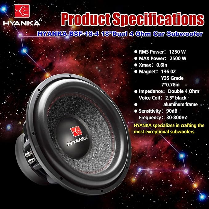 H YANKA BSF-18-4 18 Inch Subwoofer - 2500W MAX Power Car Audio Bass Speaker - 2.5" Dual Voice Coil, 4 Ohm Impedance, Aluminum Basket, Paper Cone Subwoofer for Cars