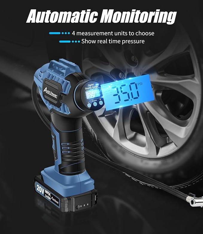Tire Inflator Portable Air Compressor,20V Cordless Tire Pump, Rechargeable Air Pump for Car Tires and other Inflatables (Dark Blue)
