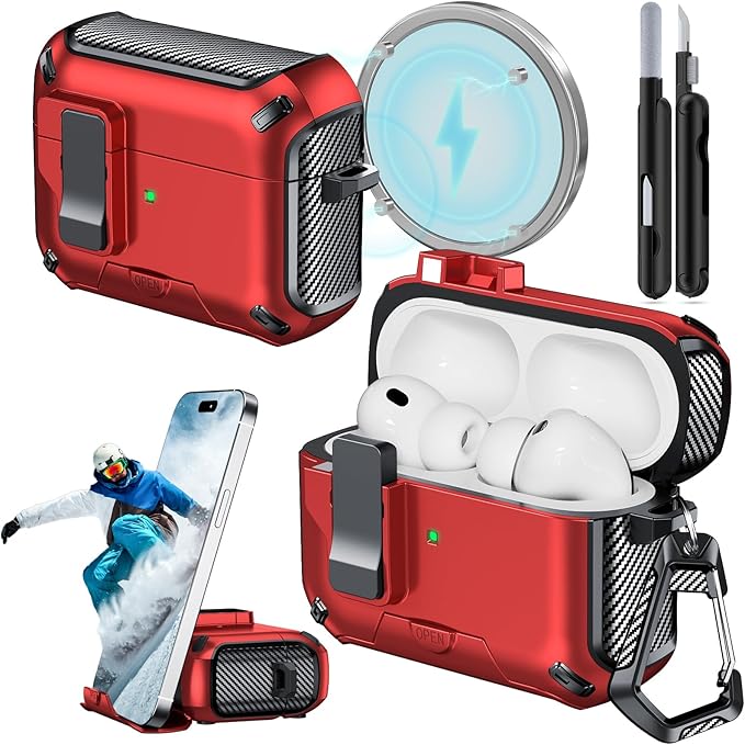 for AirPods Pro 3 Case (2025) with Phone Stand,（with Automatic Snap Switch） Carbon Fiber Design Protection Cover with Cleaning Pen,Red