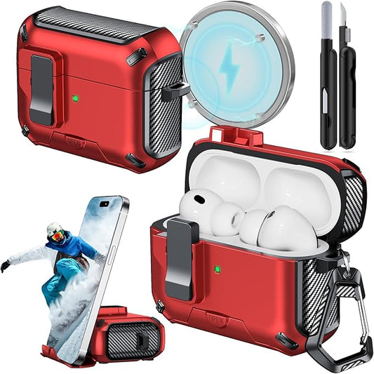 for AirPods Pro 3 Case (2025) with Phone Stand,（with Automatic Snap Switch） Carbon Fiber Design Protection Cover with Cleaning Pen,Red
