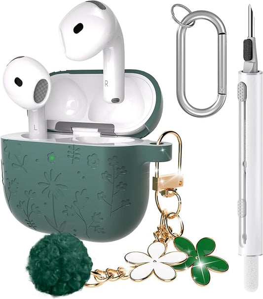 Seltureone Compatible with AirPods 4 Case Cute with Cherry Blossom Keychain and Cleaning Kit, Soft Silicone Shockproof Flower Engraved Cover Compatible with AirPod 4 Case Cover - Pine Green