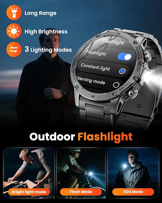 Military Smart Watches for Men, Smart Watch with 1000 mAh Battery/Answer/Dial Calls/Fitness Tracker/Flashlight/Heart Rate/Sleep Monitor/100+ Sports Mode, 1.7″ Waterproof Smartwatch for Android/iPhone