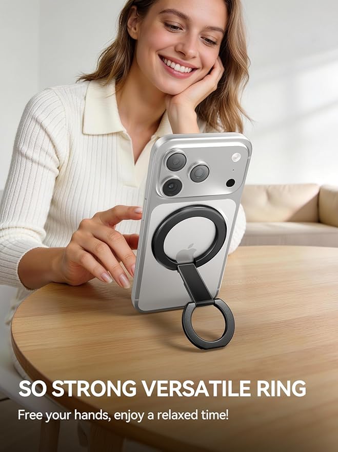 tounee Double-Sided Magnetic Phone Ring Holder Compatible with MagSafe, N52 Strong Magnet Grip & Foldable Kickstand for Gym Rack, Fridge, Fits iPhone 17 16 15 14 Pro Max - Black