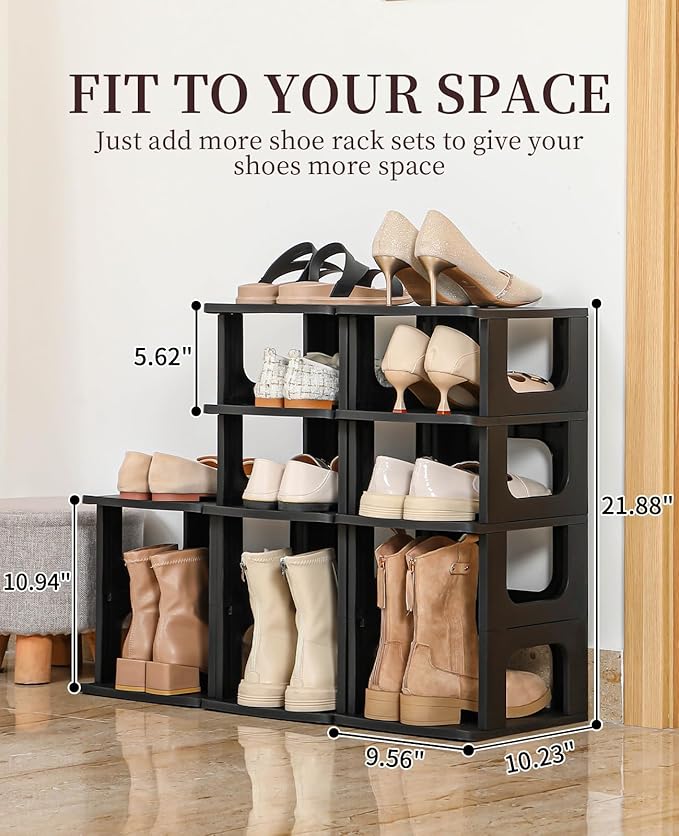 HAIXIN Adjustable 10 Tier Shoe Organizer - Narrow Plastic Vertical Shoe Rack for Closet, Entryway, Boots - Stackable Shoe Cabinet