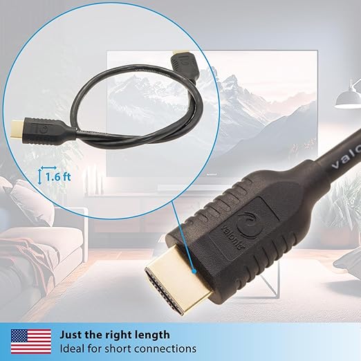 valonic Short HDMI Cable - 1.6 ft, 4k, high Speed, Ultra HD, ethernet - Compatible with Nintendo, PS5, TV, PS4, Xbox, Black, Small, Thin