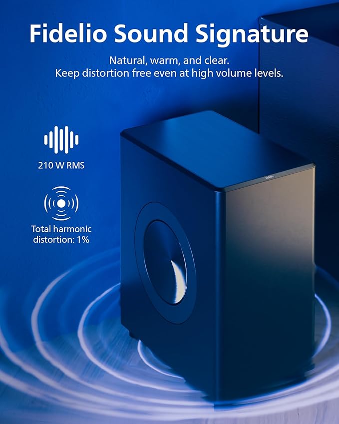 PHILIPS Fidelio FW1 Wireless Subwoofer for TV,Rich Bass Sound with DTS Play-Fi,Dual Passive-Radiator,420W Large Output,Smart Pairs,RCA Connection,Perfect for Movie and Music,Head-Turning Looks,Black