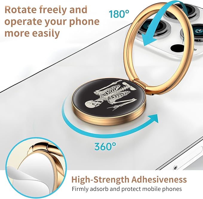 Cell Phone Ring Holder, Cute Metal Phone Grip Stand Finger Ring Kickstand, Flexible 360°Rotation Phone Tablet Case Accessories Compatible with Most Phones Cool Black Skull
