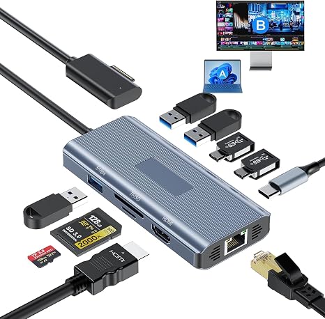 2026 New MS Surface Dock, 11-in-1 Surface Docking Station 4K@60HZ HDMI, Surface Travel Hub for Surface Pro 11/10/9/8/X/7/6/5/4/3, Surface Laptop 6/5/4/3/2/1, Laptop Go 3/2/1, Surface Book
