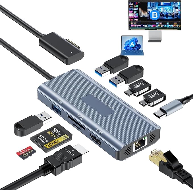 2026 New MS Surface Dock, 11-in-1 Surface Docking Station 4K@60HZ HDMI, Surface Travel Hub for Surface Pro 11/10/9/8/X/7/6/5/4/3, Surface Laptop 6/5/4/3/2/1, Laptop Go 3/2/1, Surface Book