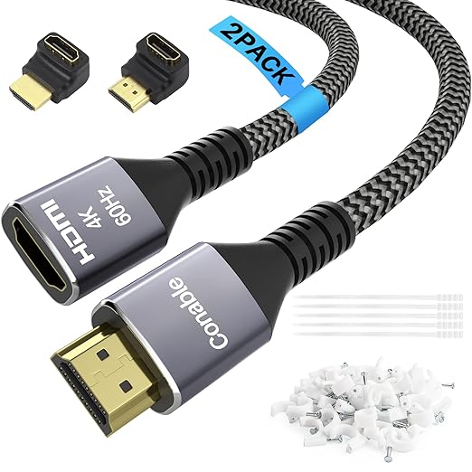 4K HDMI Extension Cable (2 Pack 8FT+ 8FT), HDMI 2.0 Braided Extender Male to Female Cord, Pure Copper 3D 4K@60Hz 2160p 1080p HDR HDCP 2.2 ARC (with Ties, U Nails, 2 HDMI Adapters)-8 Feet-2 Pack