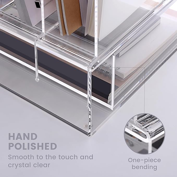 DINGHUO Acrylic Desk Organizer, 4 Sections Upright Sorter Desk Accessories Paper File Organizer with Drawer Letter Tray, Clear Office Supplies - 1 Pack