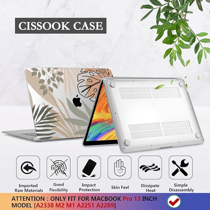 CISSOOK Compatible with MacBook Pro 13 inch Case M2 2025-2020 A2338 M1&M2 A2251 A2289, Plastic Hard Shell with Keyboard Cover &Screen Protector for MacBook Pro 13 Touch Bar, Tropical Leaf