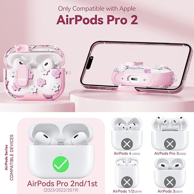 with Safety Lock for Apple AirPods 2 Case,Clear Floral Cute AirPod Pro 2nd Generation Case with Phone Stand & Cleaning Kit for Women Girly-Pink Flower