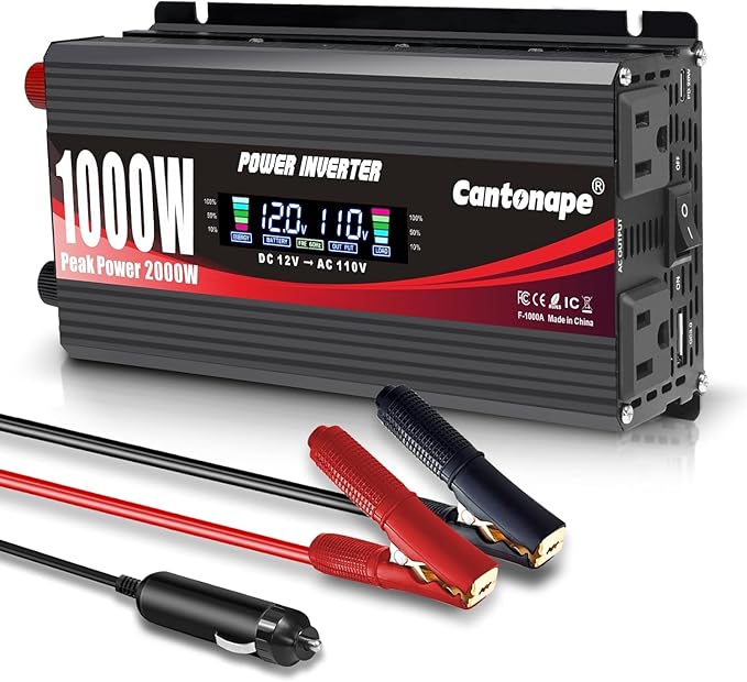 1000 Watt Power Inverter DC 12V to 110V/120V AC Car Inverter with LCD Display, 2 AC Outlets, 3.0A USB and 20W Type-C Car Charger for Vehicles Home Laptop Truck Black