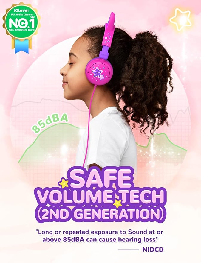 iClever Kids Headphones Cat Ear, LED Light Up, 85dBA Safe Volume, Stereo Sound Toddler Headphones for Travel School, Foldable 3.5mm Wired Kids Headphone for iPad Tablets, Meow Lollipop-Hot Pink