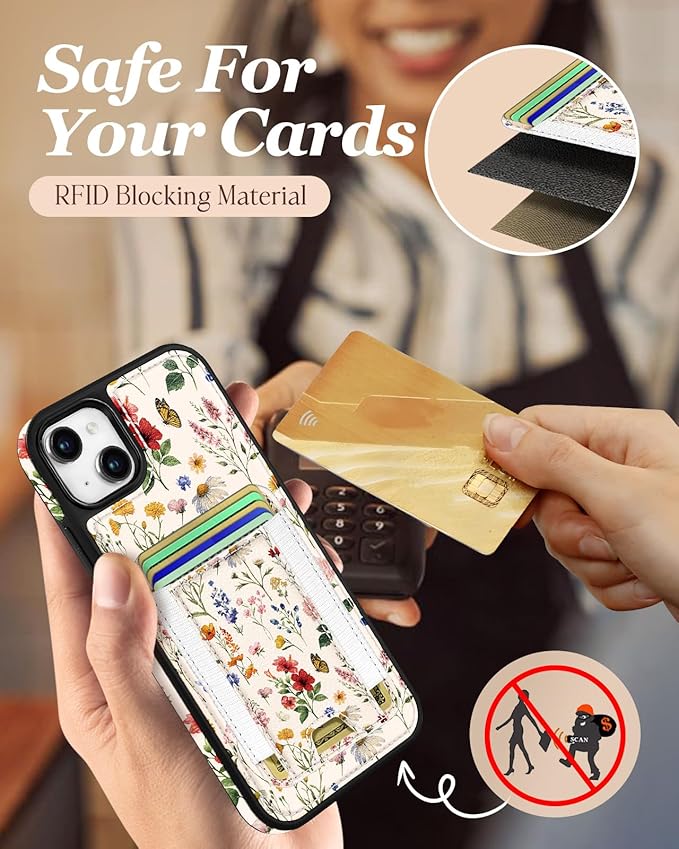Shorogyt for iPhone 15 Plus Case Wallet - Fits 5 Cards, Compatible with Magsafe Detachable Magnetic Credit Card Holder Leather Cardholder Cute Phone Cover Women Girls for Apple 15Plus, Floral