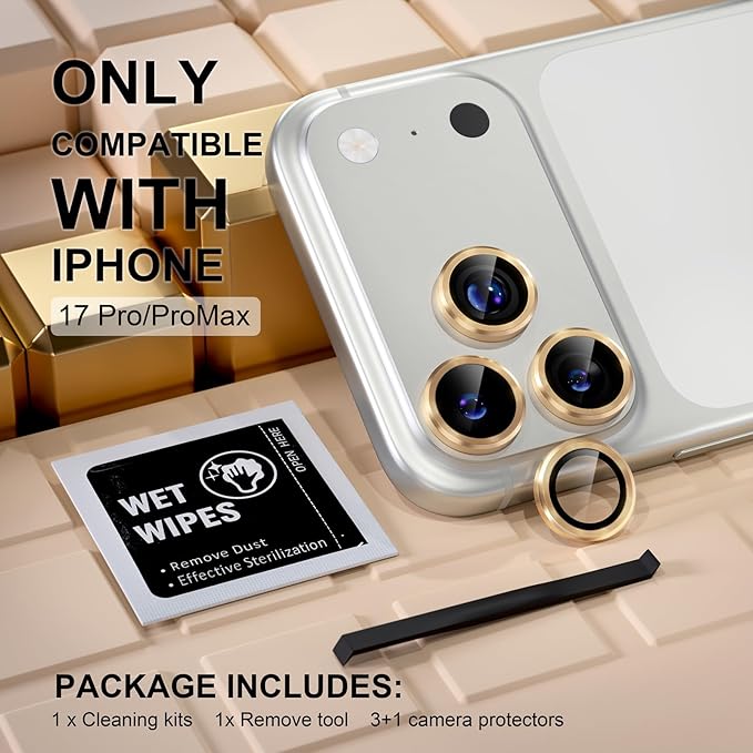 Misea Compatible for iPhone 17 Pro/iPhone 17 Pro Max Camera Lens Protector, Ultra-HD Tempered Glass Camera Cover Screen Protector Metal Individual Ring Protector Decoration Accessories, Gold