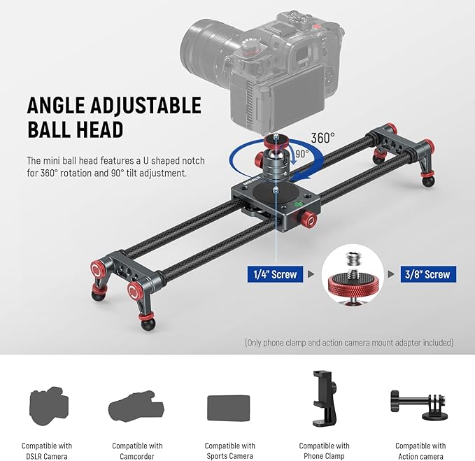 NEEWER 16in/40cm Carbon Fiber Camera Slider with 360° Ball Head/Phone Clamp/Action Camera Mount, Dolly Rail Track with 4 Bearings & Adjustable Legs, Compatible with GoPro Insta360 iPhone Android, CS1M