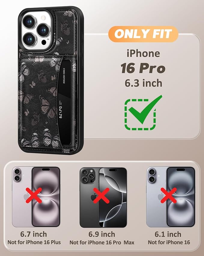for iPhone 16 Pro Case with Wallet - Fits 4 Card Slots, Compatible with MagSafe for Women Aesthetic Durable Leather Credit Card Holder Kickstand Phone Cover for Apple 16 Pro, Black Butterfly
