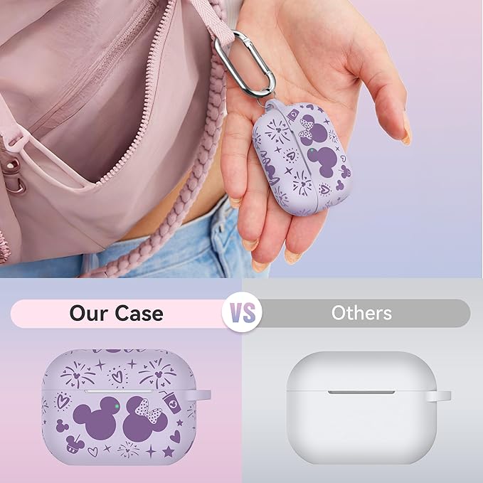 Compatible with Airpods Pro 2nd/1st Generation Case Cover with Keychain, Women Soft Silicone Two-Tone Cute Cartoon Engraved Convenience Protective Case, Front LED Visible Light Purple/Lavender