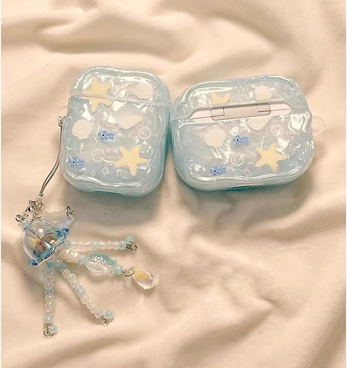 Compatible with AirPods Pro 3 Case Cute Shell Starfish Protective Cover with Cleaner Kit Jellyfish Keychain for Girls Women for Airpods Pro 3rd Generation(2025)-Blue