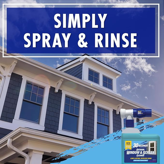 30 SECONDS Outdoor Window & Screen Concentrated Cleaner for Glass, Patio Doors, Fiberglass, Furniture - No Screen Removal Required, Spray & Rinse - Refill for Hose End Sprayer Bottles, 1.1 Gallon