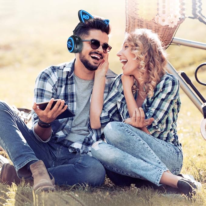 Cat Ear Bluetooth Headphones with Microphone, LED Light Up Over Ear Headphones, Volume Control and Foldable Headset for Tablet/PC/iPad/Cell Phones, Gift for Kids Boys & Girls