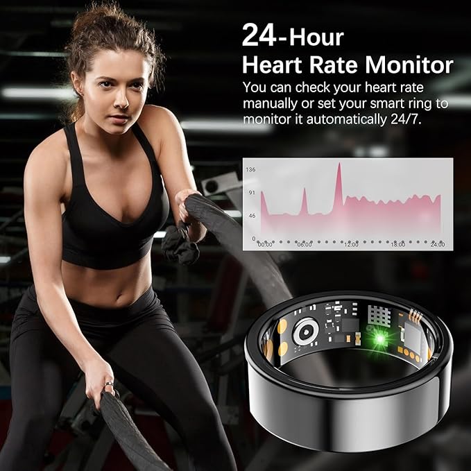 Ring Health Tracker for women Men, Fit Ring with Heart Rate, Blood Oxygen, Sleep Monitor, Calories, Step Counter, IP68 Waterproof Smart Ring for iPhone & Android.No Subscription Fee (Black, 12#)