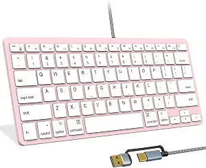 Ultra-Slim Wired Keyboard for Apple Mac, USB & Type-C Conversion Cable, 78 Scissor Keys, Media Hotkeys, Compatible with MacBook, iMac Mini&Pro, Laptop Computers, Windows Desktop PC, Pink