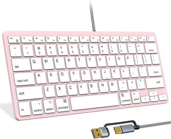 Ultra-Slim Wired Keyboard for Apple Mac, USB & Type-C Conversion Cable, 78 Scissor Keys, Media Hotkeys, Compatible with MacBook, iMac Mini&Pro, Laptop Computers, Windows Desktop PC, Pink