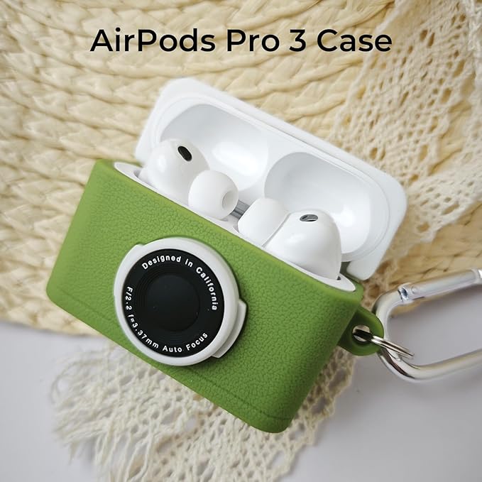 for Airpods Pro 3 Case Cute,Retro 3D Camera Design for Air pod Pro 3 Cover with Keychain Shockproof Protective Soft Silicone Case for Airpods Pro 3 Gen for Men Women, Green