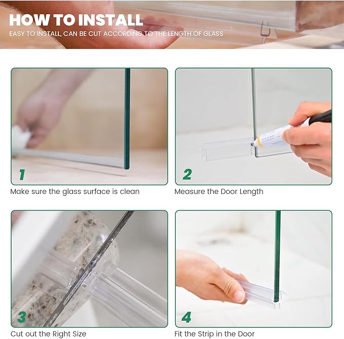 Glass Door Bottom Seal, 1/4" x 39" Shower Door Clear Silicone Seal Strip and PVC Base Set, Frameless Doors Bottom Sweep Glass-Stop Shower Leaks Frameless Shower Doors