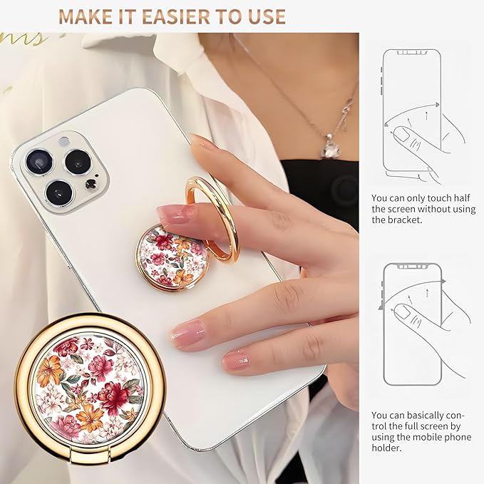 Cell Phone Ring Holder, Cute Metal Phone Grip Stand Finger Ring Kickstand, Flexible 360°Rotation Phone Tablet Case Accessories Compatible with Most Phones Luxury Red Flowers