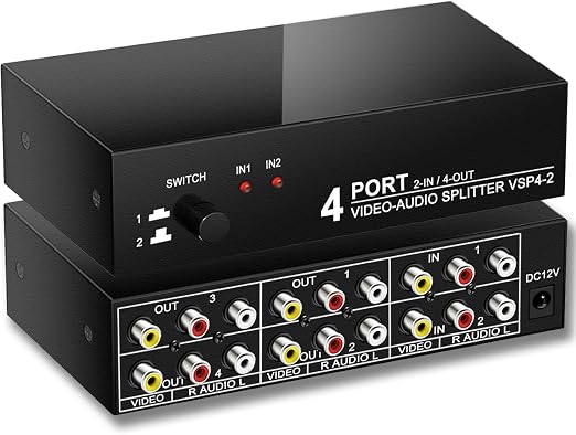 2 in 4 Out RCA Switch Splitter Composite Stereo AV Switcher Box