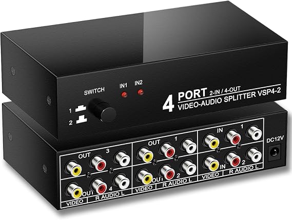 2 in 4 Out RCA Switch Splitter Composite Stereo AV Switcher Box