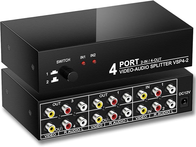 2 in 4 Out RCA Switch Splitter Composite Stereo AV Switcher Box