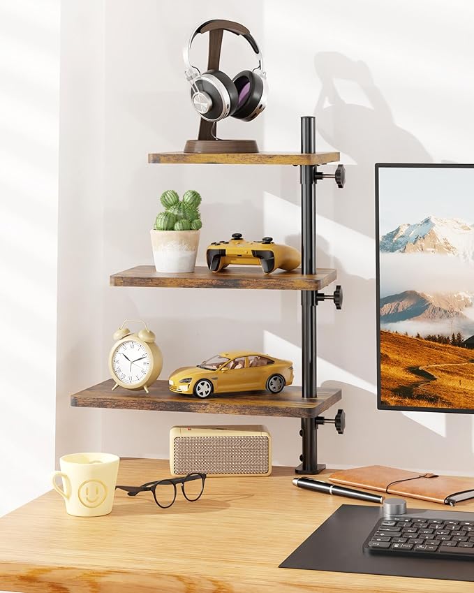 3 Tiers Clamp On Desk Shelf, 360¡ã Angle Adjustable Desktop Shelf Organizer for Home Office Gaming Room, No Drill Desk Extender Adapt to 0.4-2.16 inches Table Thick, Black Brown