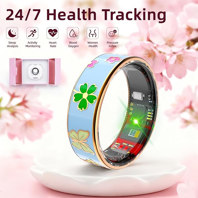 Smart Ring Men & Women Ring Sleep Tracker Pedometer Long Battery Life No Subscription Fee, IP68 Waterproof (Blue, 7)