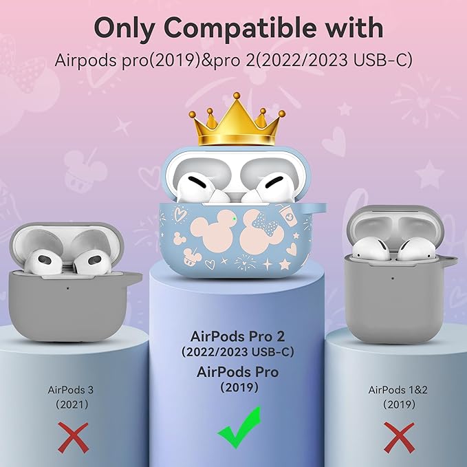 Compatible with Airpods Pro 2nd/1st Generation Case Cover with Keychain, Women Men Soft Silicone Two-Tone Cute Cartoon Engraved Convenience Protective Case, Front LED Visible Blue/Pink