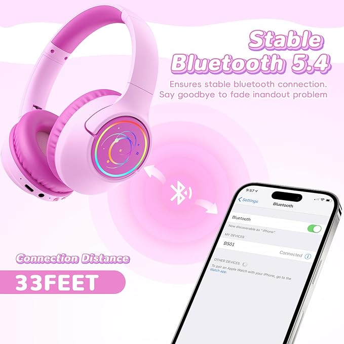 Kids Bluetooth Headphones, 85H Playtime Wireless Headphones for Kids, Colorful LED Lights, 85/94dB Safe Volume Limit, Bluetooth 5.4 Built-in Mic Toddler Headset for Tablet/Airplane (Fuscia Pink)