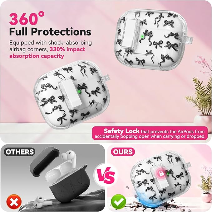 for AirPods Pro 3 Case with Secure Lock & Phone Stand, Bow-Print Clear Case for Apple AirPods Pro 3rd Generation 2025 Cover with Cleaner Keychain for Women Girly (Black, Airpods Pro 3 (2025))