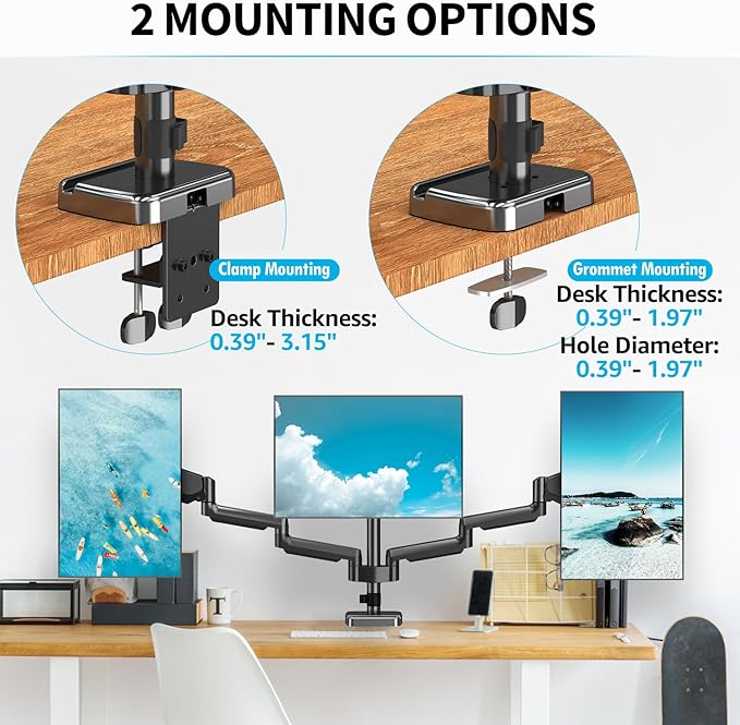 MOUNTUP Triple Monitor Stand Mount - 3 Monitors Desk Mount for Computer Screens Up to 27 inch, Triple Monitor Arm with Gas Spring, Heavy Duty Monitors Stand, Each Arm Holds 4.4-19.8 lbs, Black