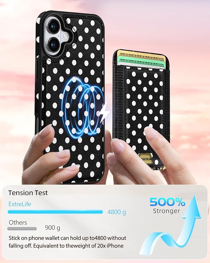Shorogyt for iPhone 17 Wallet Case - Fits 5 Cards, Compatible with Magsafe Detachable Magnetic Credit Card Holder Leather Cardholder Cute Phone Cover Women Girls for Apple 17, Polka Dots