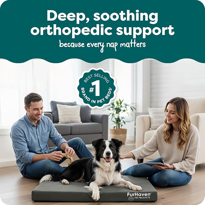 FurHaven Water-Resistant Orthopedic Dog Bed for Large Dogs, Oxford Polycanvas Mattress with Orthopedic Egg Crate Foam for Joint Support, Removable Washable Cover, Large, Stone Gray