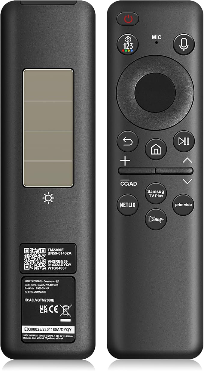 BN59-01432A Solar Voice Remote Replacement for Samsung TV Remote with Bluetooth Rechargeable Solar Cell, Compatible with Samsung Neo QLED S90D Smart 8K HDR Ultra HD TVs, VG-TM2360E 2023 Model, Black