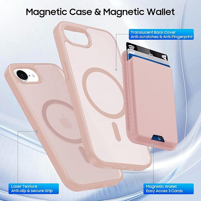 Magnetic for iPhone 17e Case & iPhone 16e Case with Detachable Wallet, Compatible with MagSafe, Military Protective Slim Phone Cover with Card Holder, Pink