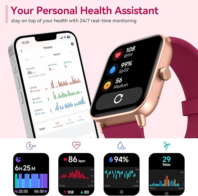 aeac Smart Watch for Women, Alexa Built-in, Stable Bluetooth Call, Fitness Tracker with Heart Rate/SpO2/Stress/Sleep Monitor, Smartwatches 120+ Sports, IP68 Waterproof Smartwatches for iOS Android