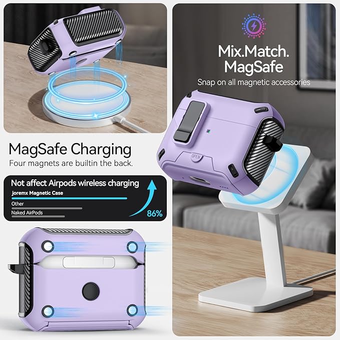for AirPods Pro 3 Case (2025) with Phone Stand,（with Automatic Snap Switch） Carbon Fiber Design Protection Cover with Cleaning Pen,Purple