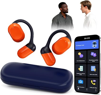 AI Translator Earbuds Real Time - 164 Languages Translation Headphones, Audio and Video Calls Wireless Bluetooth Interpreter Device for Business, Travel, Learning - Orange